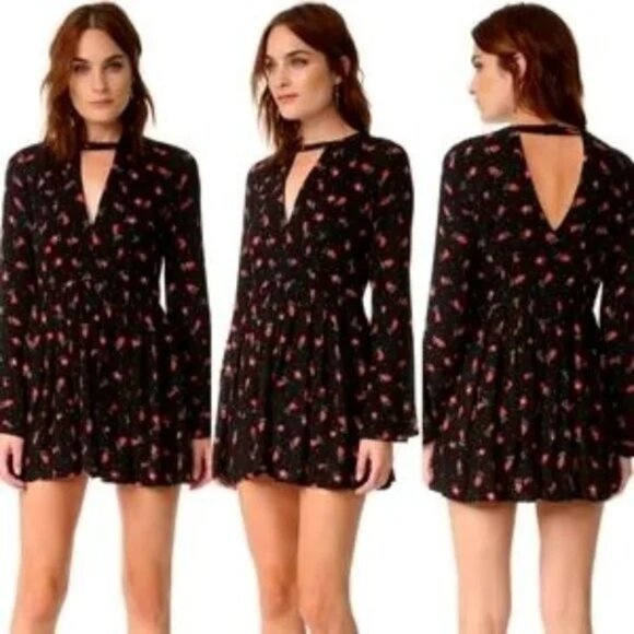 Free People Teagan Mini Dress Size 8 Black Floral Long Sleeve Keyholes Pleated - Picture 1 of 11